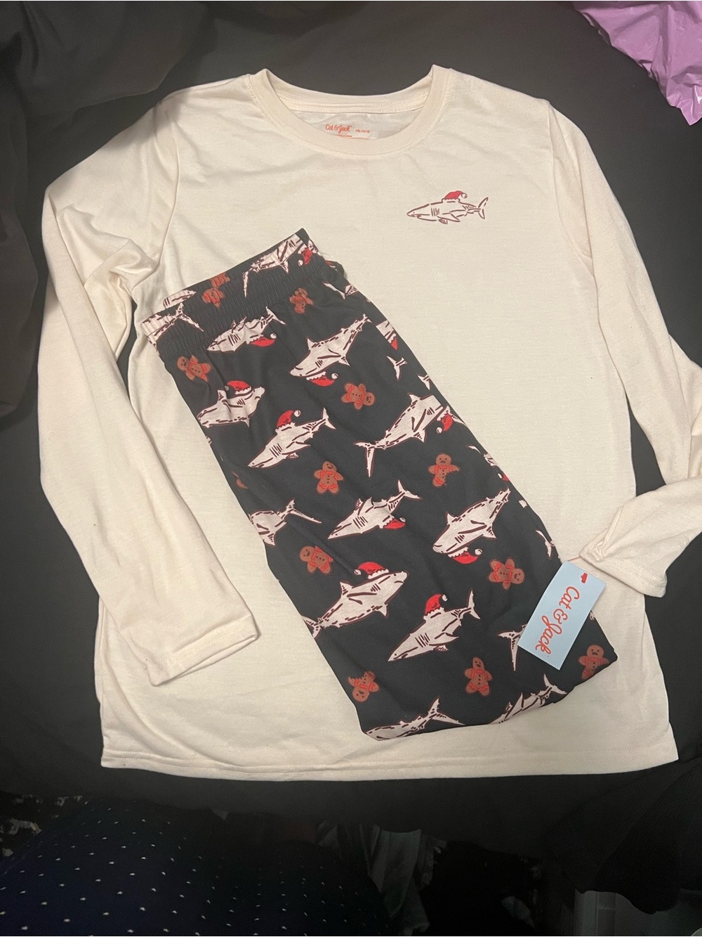 Holiday Shark Pajama Set - Cream Top & Black Shark Print Pants